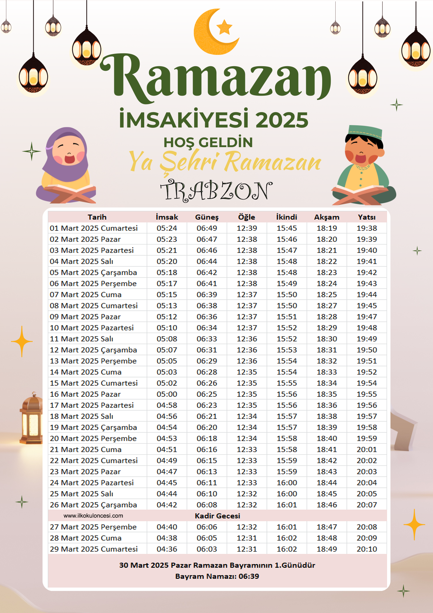 İmsakiye 2025 Trabzon